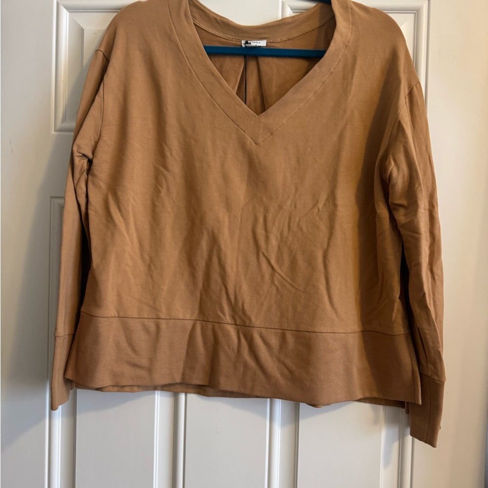 Cuyana Tan French Terry Super Soft V-Neck Women's Top